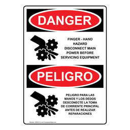 English + Spanish OSHA DANGER Finger-Hand Hazard Disconnect Main Power Sign With Symbol ODB-8114