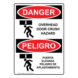 English + Spanish OSHA DANGER Overhead Door Crush Hazard Sign With Symbol ODB-9488