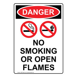 Portrait OSHA DANGER No Smoking Or Open Flames Sign With Symbol