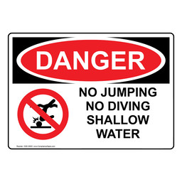 OSHA DANGER NO JUMPING NO DIVING SHALLOW WATER Sign with Symbol