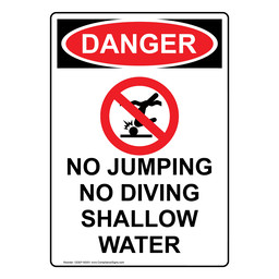 Portrait OSHA DANGER NO JUMPING NO DIVING Sign with Symbol