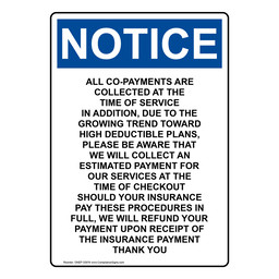 Portrait OSHA NOTICE All Co-Payments Are Collected Sign