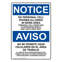 English + Spanish OSHA NOTICE No Personal Cell Phones Allowed Sign