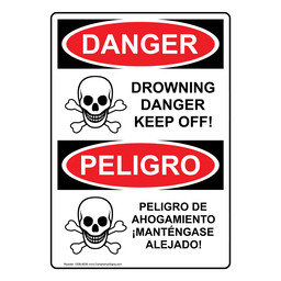 English + Spanish OSHA DANGER Drowning Danger Keep Off! Sign With Symbol