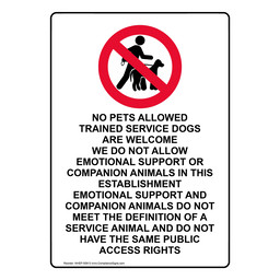 Portrait NO PETS ALLOWED TRAINED SERVICE DOGS WELCOME Sign With Symbol NHEP-50913
