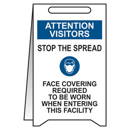Attention Visitors Face Covering Required Stand-Up Floor Sign, 20x12 in. Plastic