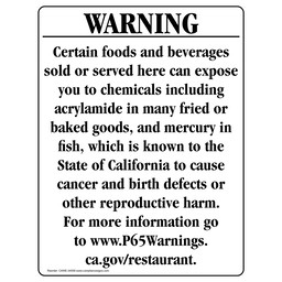 California Prop 65 Restaurant Warning Sign: acrylamide and mercury