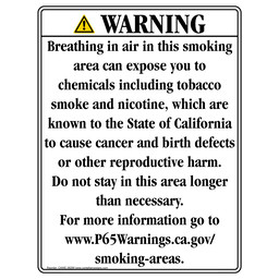 California Prop 65 Smoking Warning Sign, 11x8.5 in. Aluminum