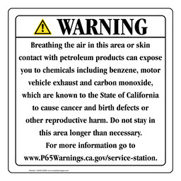 California Prop 65 petroleum products Chemical Warning Sign: benzene, motor exhaust and carbon monoxide