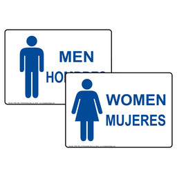 White MEN HOMBRES + WOMEN MUJERES Sign Set With Symbols