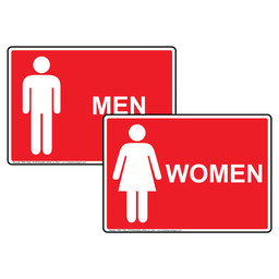 Red MEN WOMEN Restrooms Sign Set With Symbols