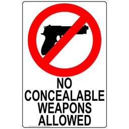 South Carolina No Concealable Weapons Allowed Sign, 12x8 in. Aluminum