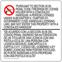 Texas 30.06 Concealed Carry Bilingual Sign NHB-28237