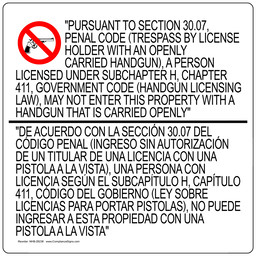 Texas 30.07 Open Carry Bilingual Sign NHB-28238
