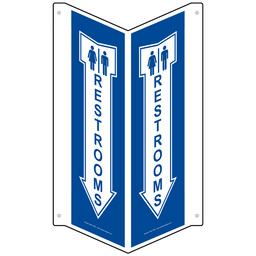 Blue Triangle-Mount RESTROOMS Sign With Symbol