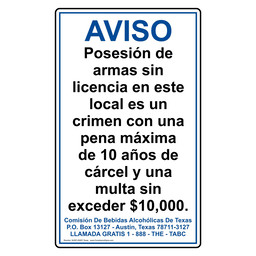 Portrait Texas AVISO PosesiÃ³n de armas Sign, 14x8.5 in. Aluminum
