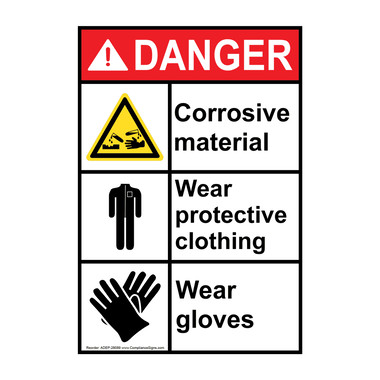 Vertical Corrosive Material Wear Ppe Sign - ANSI Danger - PPE - Multiple