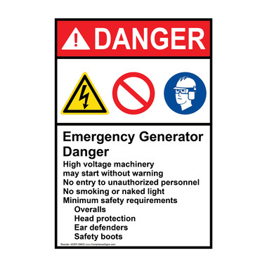 Vertical Emergency Generator Sign - ANSI Danger
