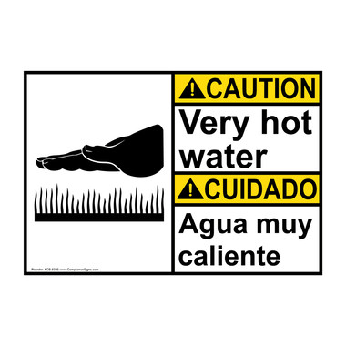 English + Spanish ANSI CAUTION Very Hot Water With Symbol Sign With Symbol  ACB-6335