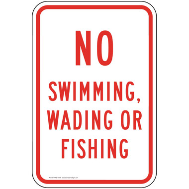 White Reflective Vertical Sign - No Swimming, Wading Or Fishing Sign