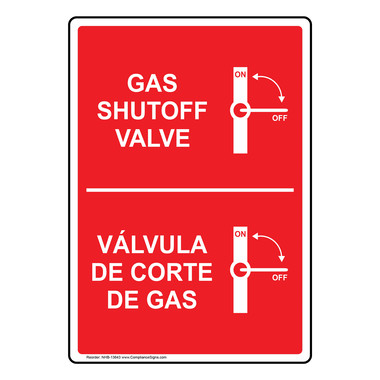 Vertical Gas Shutoff Valve Sign -Glow Red - English + Spanish