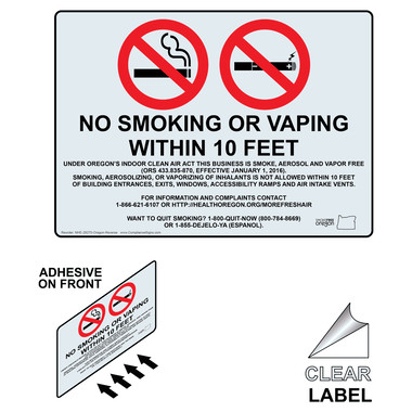 No Smoking Within 10 Ft Oregon Air Act Sign NHE-28270-OR-Reverse