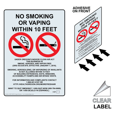 Portrait No Smoking Within 10 Ft Oregon Air Act Sign NHEP-28270-OR-Reverse
