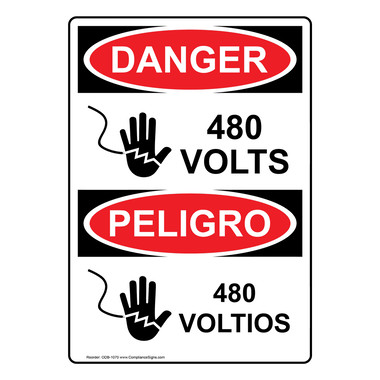 Vertical 480 Volts Sign - OSHA DANGER