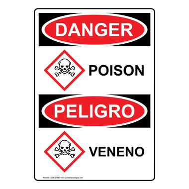 Vertical OSHA-GHS Sign or Label - Poison - Veneno - Hazardous Material