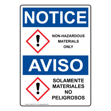 Vertical OSHA-GHS Sign or Label - Non-Hazardous Materials Only