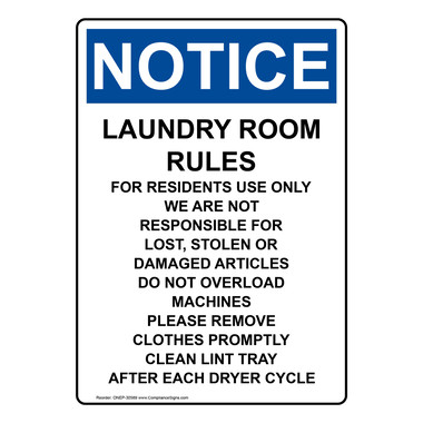 Vertical Laundry Room Rules For Residents Sign - OSHA NOTICE