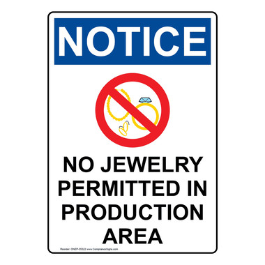 Vertical No Jewelry Permitted Sign - OSHA NOTICE