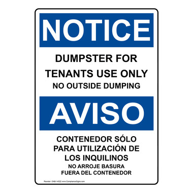 Vertical Dumpster For Tenants Use Only Bilingual Sign - OSHA NOTICE