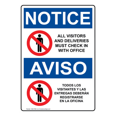 Vertical Visitors And Deliveries Check In Bilingual Sign - OSHA NOTICE