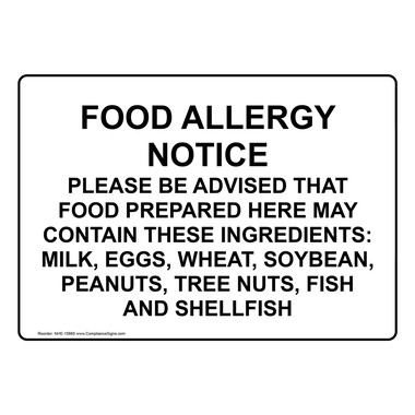 Food Allergy Notice Sign NHE-15660 Safe Food Handling