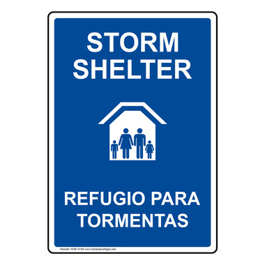 English + Spanish Storm Shelter Sign - Blue - Symbol - Vertical