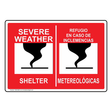 English + Spanish Sign - Severe Weather Shelter With Symbol