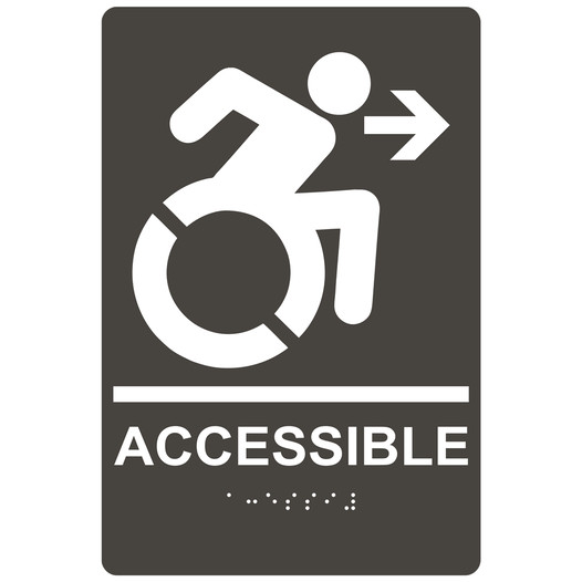 Charcoal Gray Braille ACCESSIBLE Right Sign with Dynamic Accessibility Symbol RRE-14756R_White_on_CharcoalGray