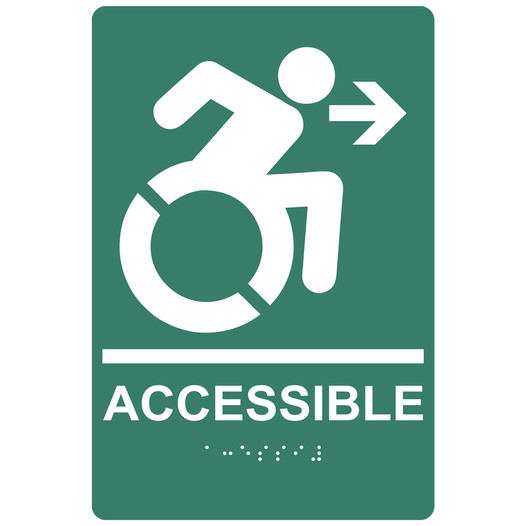 Pine Green Braille ACCESSIBLE Right Sign with Dynamic Accessibility Symbol RRE-14756R_White_on_PineGreen