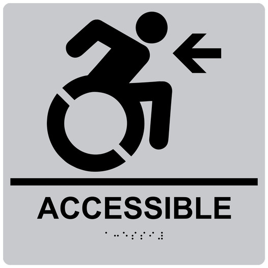 Square Silver Braille ACCESSIBLE Left Sign with Dynamic Accessibility Symbol RRE-14757R-99_Black_on_Silver