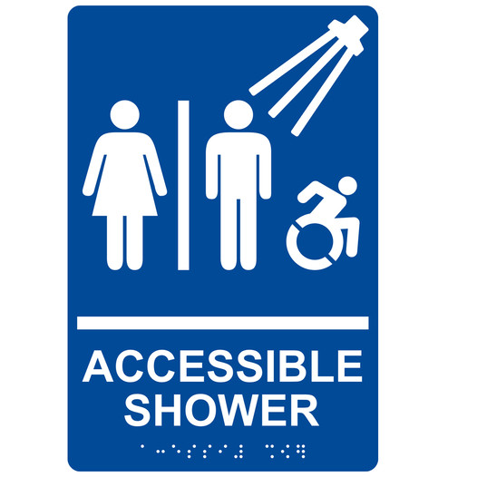 Blue Braille ACCESSIBLE SHOWER Sign with Dynamic Accessibility Symbol RRE-14802R_White_on_Blue