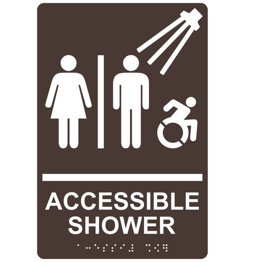 Dark Brown Braille ACCESSIBLE SHOWER Sign with Dynamic Accessibility Symbol RRE-14802R_White_on_DarkBrown