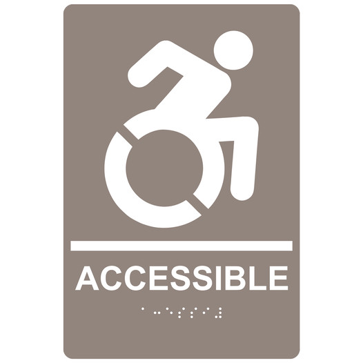 Taupe Braille ACCESSIBLE Sign with Dynamic Accessibility Symbol RRE-190R_White_on_Taupe