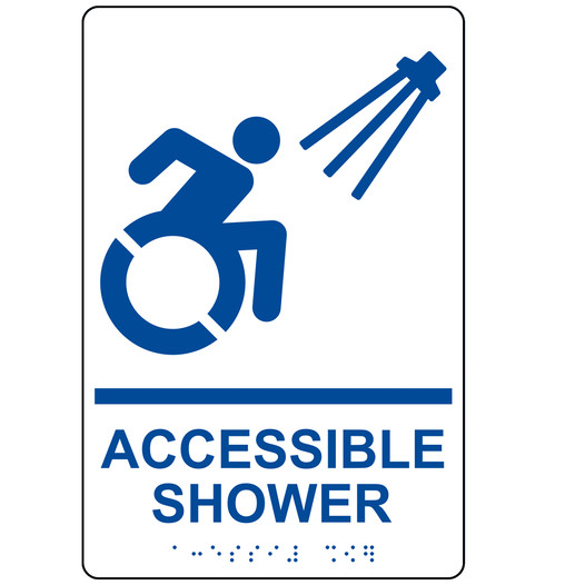 White Braille ACCESSIBLE SHOWER Sign with Dynamic Accessibility Symbol RRE-840R_Blue_on_White