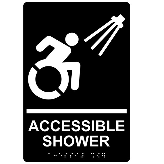 Black Braille ACCESSIBLE SHOWER Sign with Dynamic Accessibility Symbol RRE-840R_White_on_Black