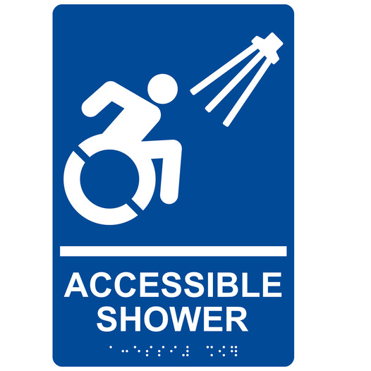 Blue Braille ACCESSIBLE SHOWER Sign with Dynamic Accessibility Symbol RRE-840R_White_on_Blue