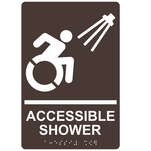 Dark Brown Braille ACCESSIBLE SHOWER Sign with Dynamic Accessibility Symbol RRE-840R_White_on_DarkBrown