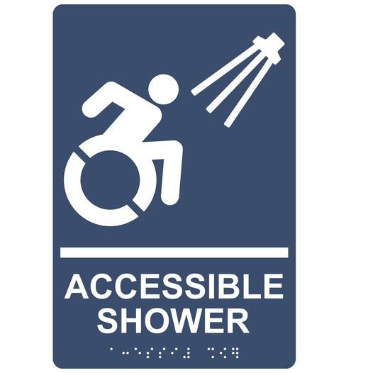 Navy Braille ACCESSIBLE SHOWER Sign with Dynamic Accessibility Symbol RRE-840R_White_on_Navy