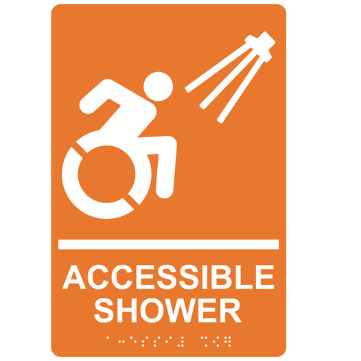 Orange Braille ACCESSIBLE SHOWER Sign with Dynamic Accessibility Symbol RRE-840R_White_on_Orange
