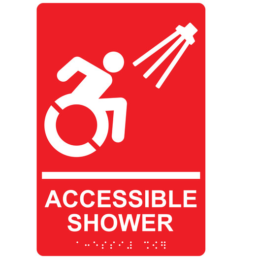 Red Braille ACCESSIBLE SHOWER Sign with Dynamic Accessibility Symbol RRE-840R_White_on_Red